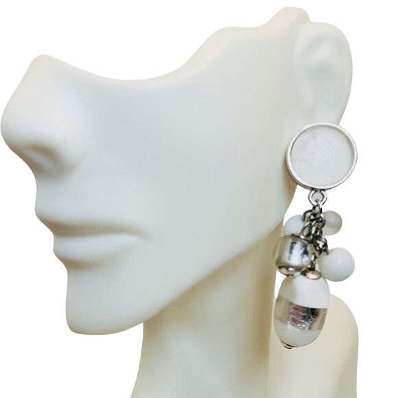 White Art Glass Beaded Cluster Dangle Drop Earrings 2" Silver Tone Trendy - Picture 2 of 10
